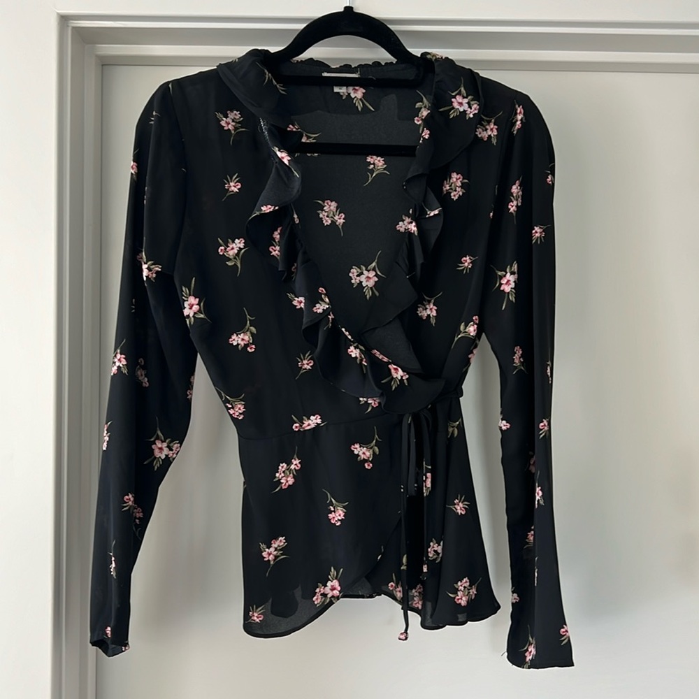 Ecote black floral float wrap blouse